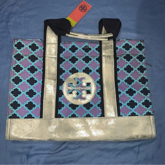 Tory Burch Geometric Print Metallic Panels Women's Purple Shoulder Tote Bag - Picture 1 of 5